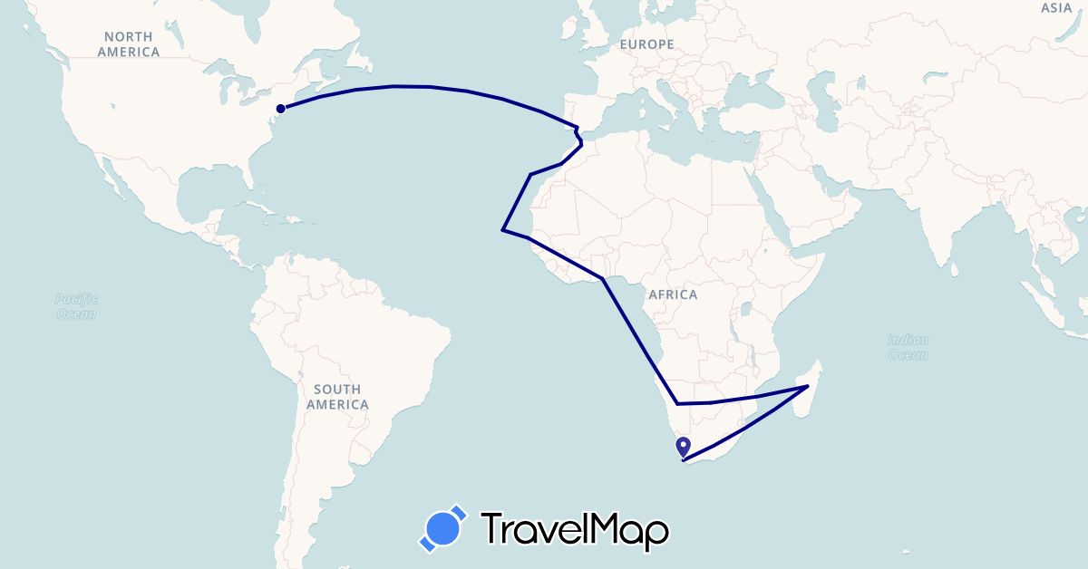 TravelMap itinerary: driving in Botswana, Cape Verde, Spain, Ghana, Morocco, Madagascar, Namibia, Senegal, United States, South Africa (Africa, Europe, North America)